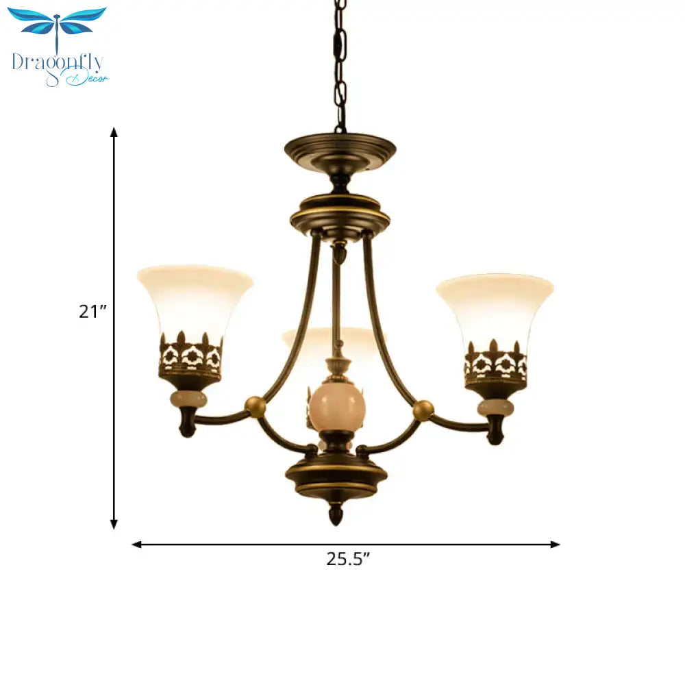 Countryside Bell Up Hanging Lighting 3/6 Lights White Glass Pendant Chandelier In Black And Gold