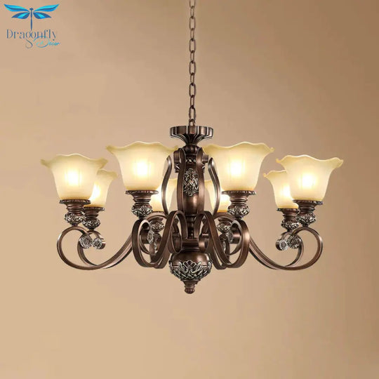 Countryside Bloom Pendant Chandelier 8 Bulbs Opaline Glass Hanging Lamp With Scrolled Arm In Bronze