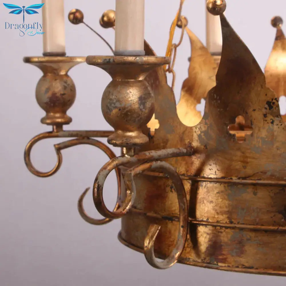 Countryside Crown Hanging Pendant 6 Lights Metal Ceiling Chandelier In Antique Brass For Living Room