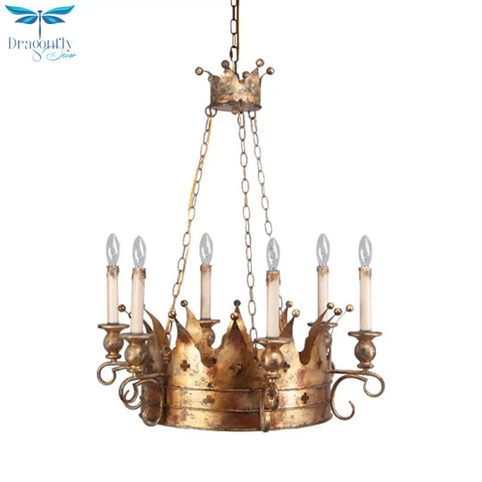 Countryside Crown Hanging Pendant 6 Lights Metal Ceiling Chandelier In Antique Brass For Living Room