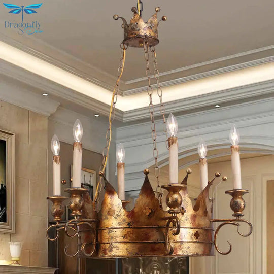 Countryside Crown Hanging Pendant 6 Lights Metal Ceiling Chandelier In Antique Brass For Living Room