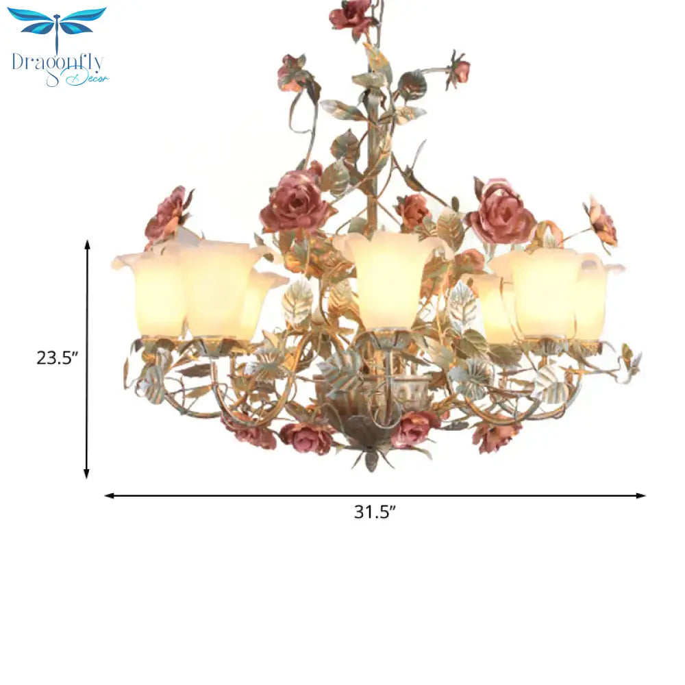 Countryside Curved Arm Suspension Lighting 3/5/6 Heads Metal Chandelier In Blue And Green With