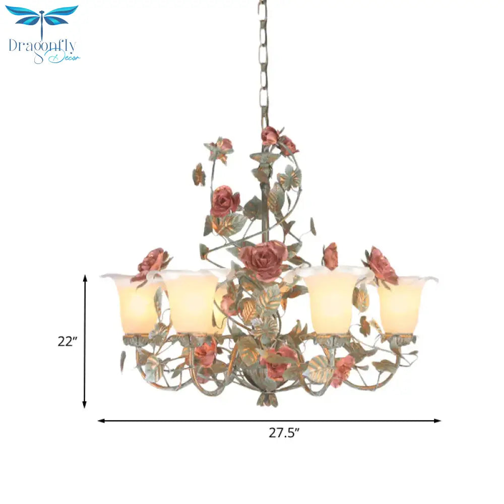 Countryside Curved Arm Suspension Lighting 3/5/6 Heads Metal Chandelier In Blue And Green With