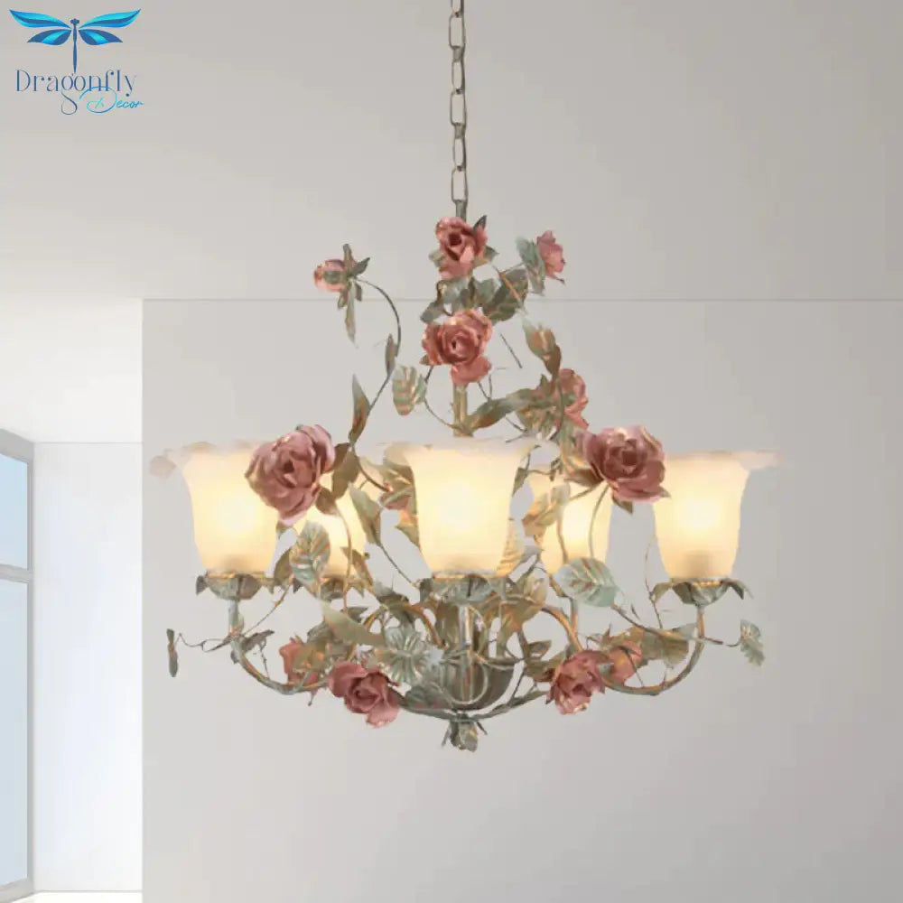 Countryside Curved Arm Suspension Lighting 3/5/6 Heads Metal Chandelier In Blue And Green With
