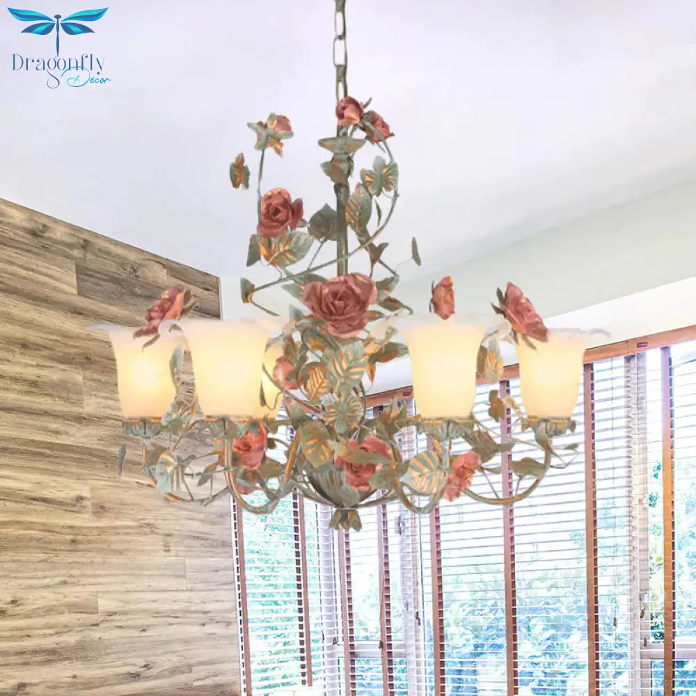 Countryside Curved Arm Suspension Lighting 3/5/6 Heads Metal Chandelier In Blue And Green With