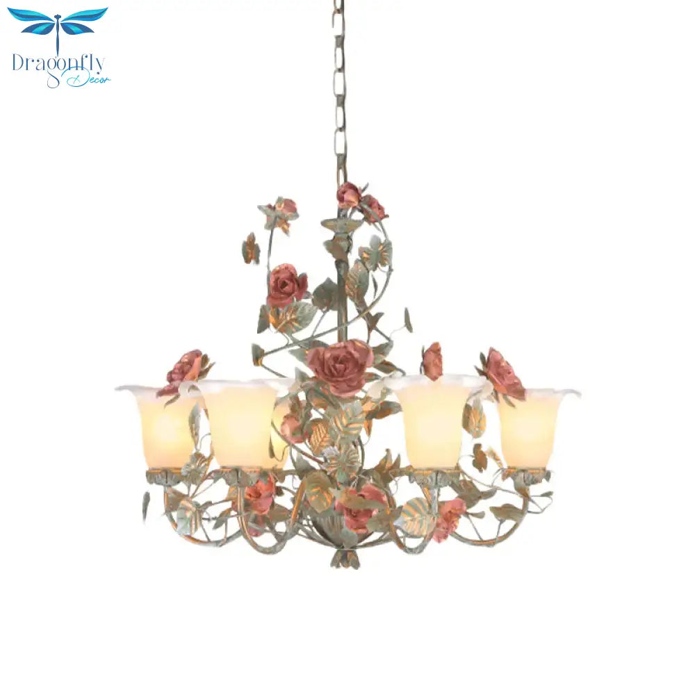 Countryside Curved Arm Suspension Lighting 3/5/6 Heads Metal Chandelier In Blue And Green With