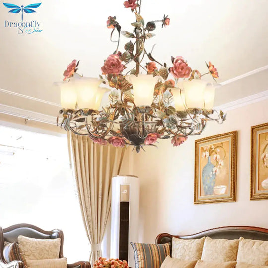 Countryside Curved Arm Suspension Lighting 3/5/6 Heads Metal Chandelier In Blue And Green With