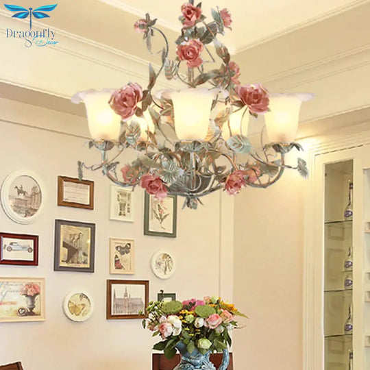 Countryside Curved Arm Suspension Lighting 3/5/6 Heads Metal Chandelier In Blue And Green With