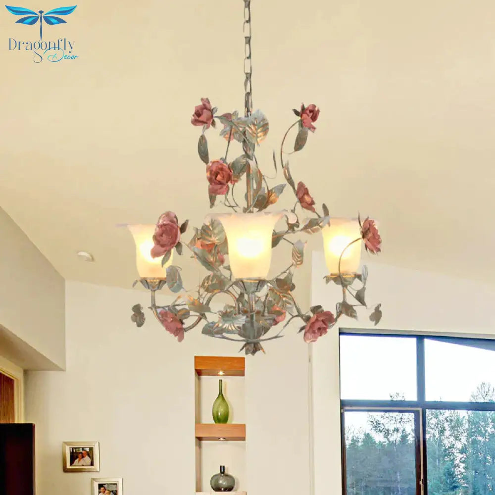 Countryside Curved Arm Suspension Lighting 3/5/6 Heads Metal Chandelier In Blue And Green With