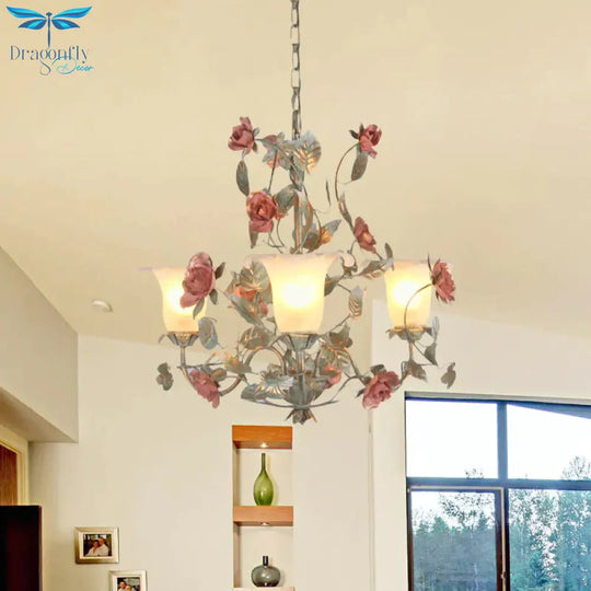 Countryside Curved Arm Suspension Lighting 3/5/6 Heads Metal Chandelier In Blue And Green With