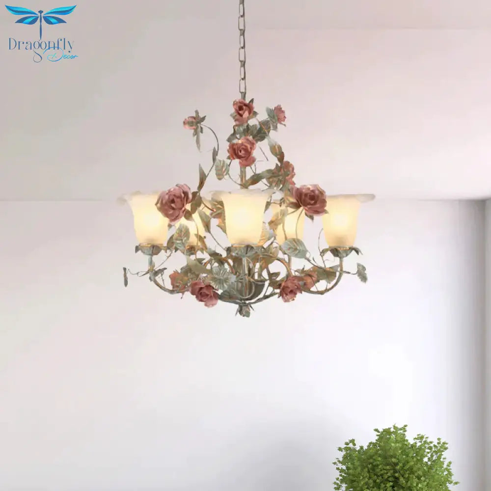 Countryside Curved Arm Suspension Lighting 3/5/6 Heads Metal Chandelier In Blue And Green With