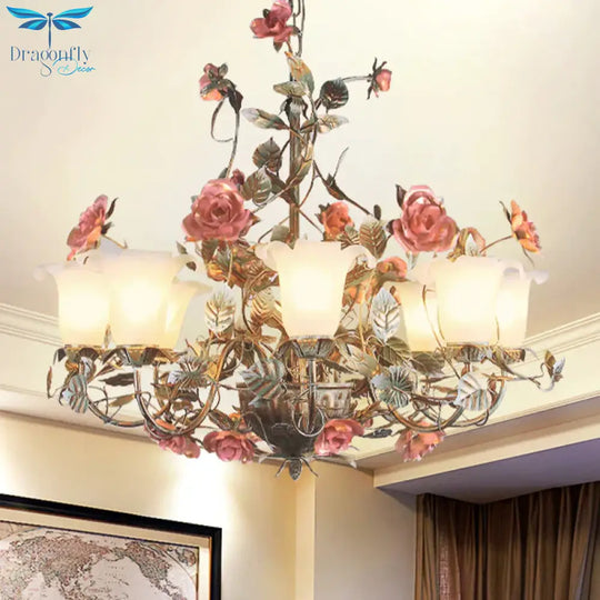 Countryside Curved Arm Suspension Lighting 3/5/6 Heads Metal Chandelier In Blue And Green With