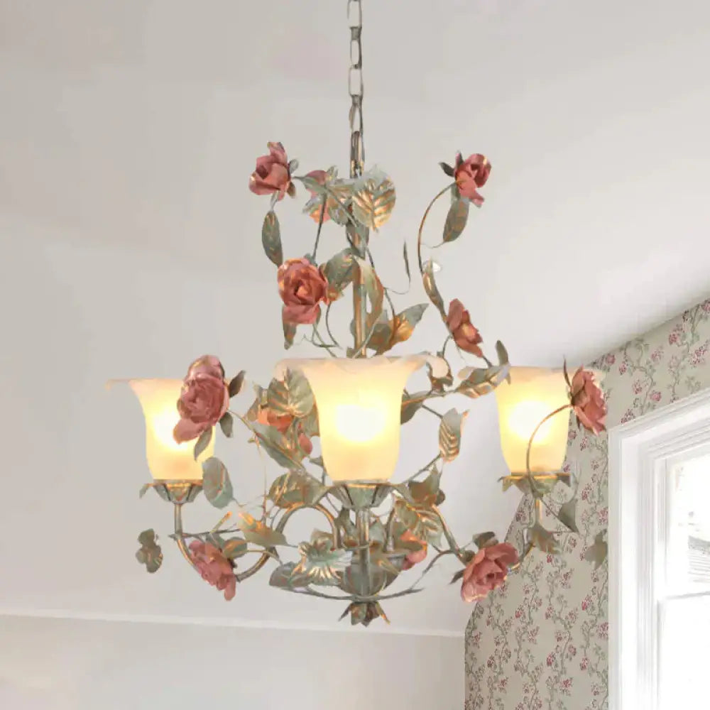 Countryside Curved Arm Suspension Lighting 3/5/6 Heads Metal Chandelier In Blue And Green With