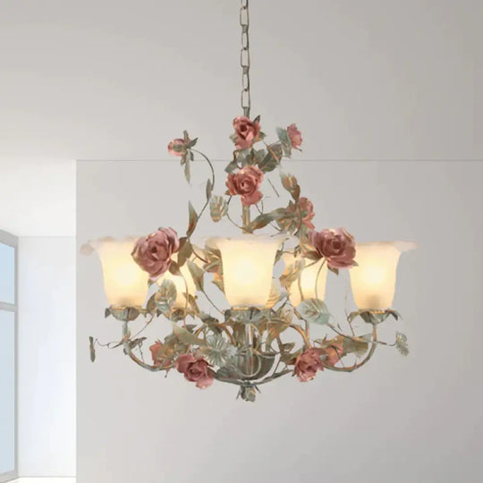 Countryside Curved Arm Suspension Lighting 3/5/6 Heads Metal Chandelier In Blue And Green With