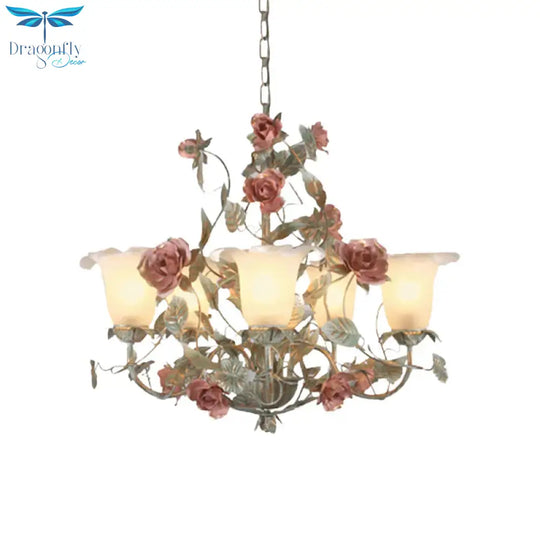 Countryside Curved Arm Suspension Lighting 3/5/6 Heads Metal Chandelier In Blue And Green With