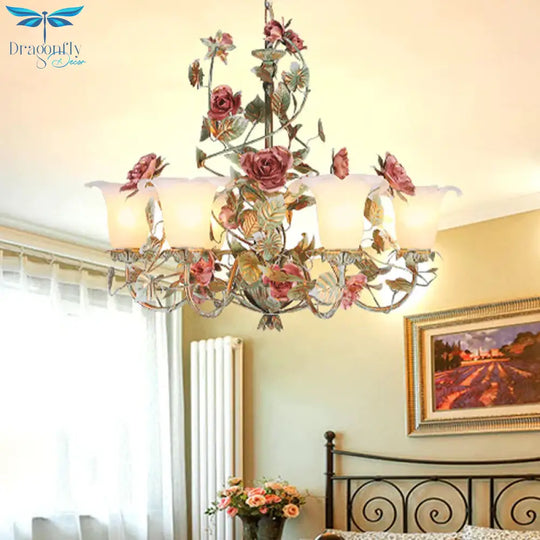 Countryside Curved Arm Suspension Lighting 3/5/6 Heads Metal Chandelier In Blue And Green With