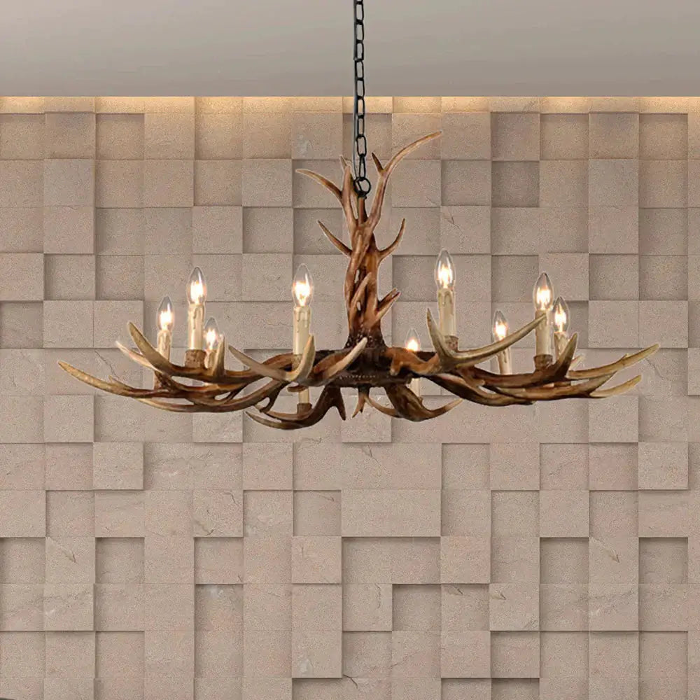 Countryside Faux Antler Hanging Pendant 6/8/10 Lights Resin Ceiling Chandelier In Brown For Living