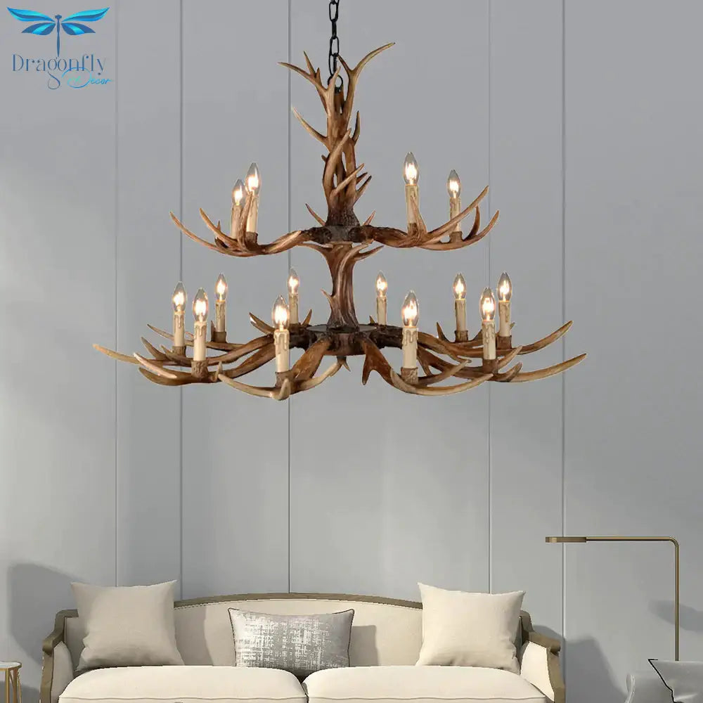 Countryside Faux Antler Hanging Pendant 6/8/10 Lights Resin Ceiling Chandelier In Brown For Living
