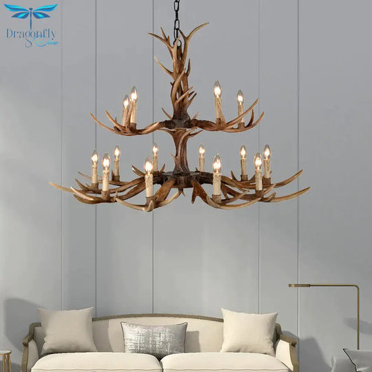 Countryside Faux Antler Hanging Pendant 6/8/10 Lights Resin Ceiling Chandelier In Brown For Living