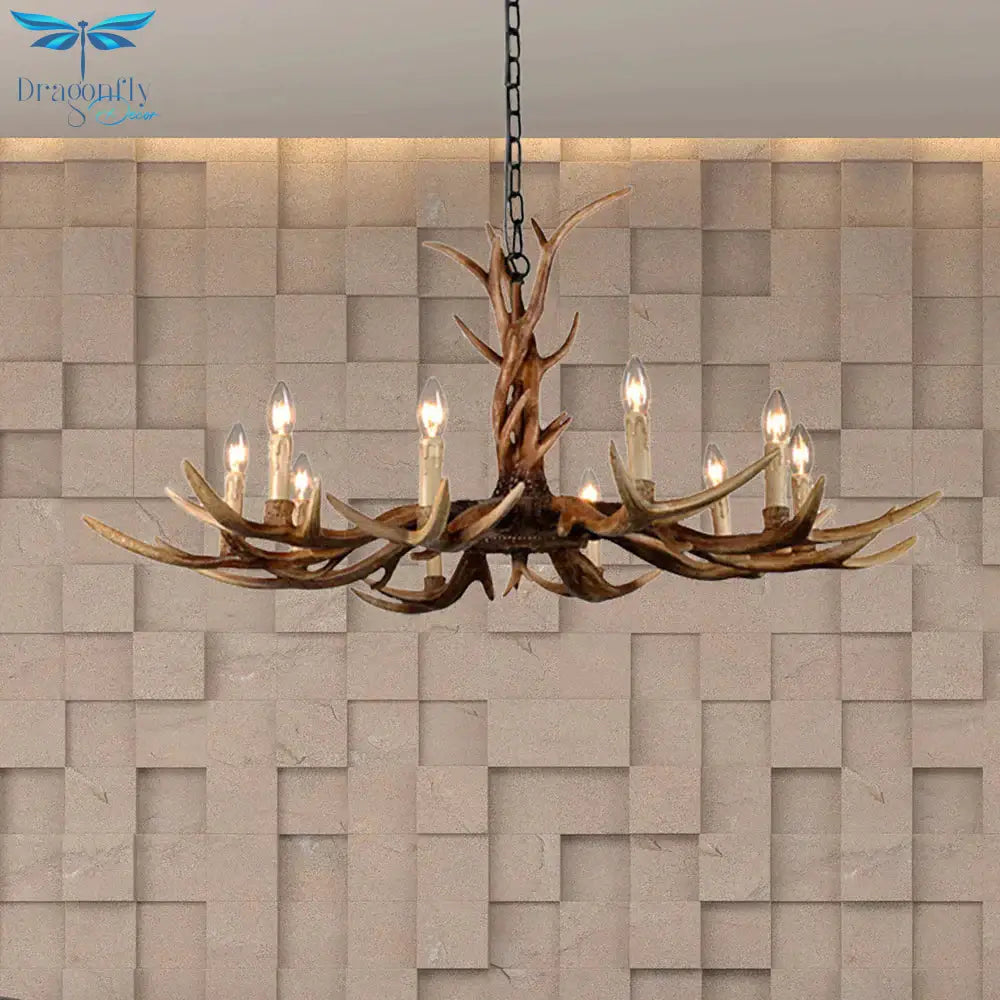 Countryside Faux Antler Hanging Pendant 6/8/10 Lights Resin Ceiling Chandelier In Brown For Living