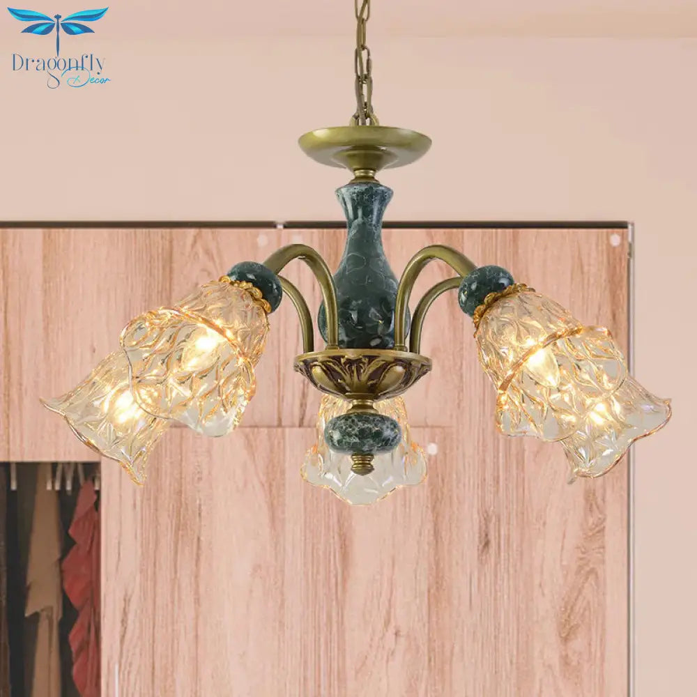 Countryside Flower Pendant Chandelier 3/5/6 Heads Tan Glass Suspension Light In Brass With Ceramics