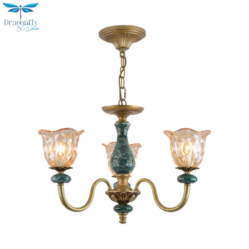 Countryside Flower Pendant Chandelier 3/5/6 Heads Tan Glass Suspension Light In Brass With Ceramics