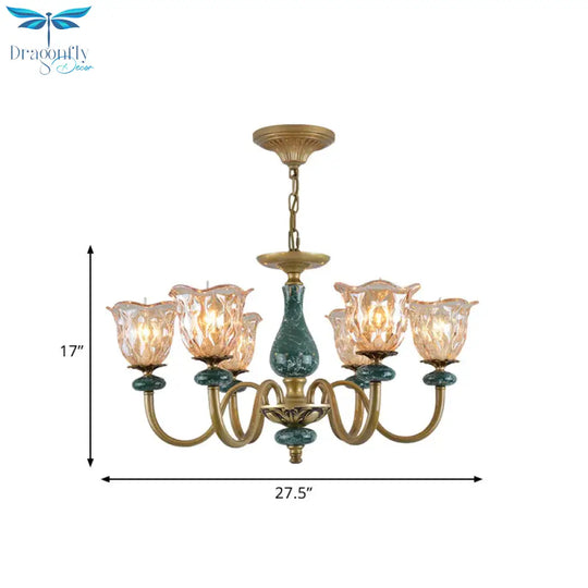 Countryside Flower Pendant Chandelier 3/5/6 Heads Tan Glass Suspension Light In Brass With Ceramics