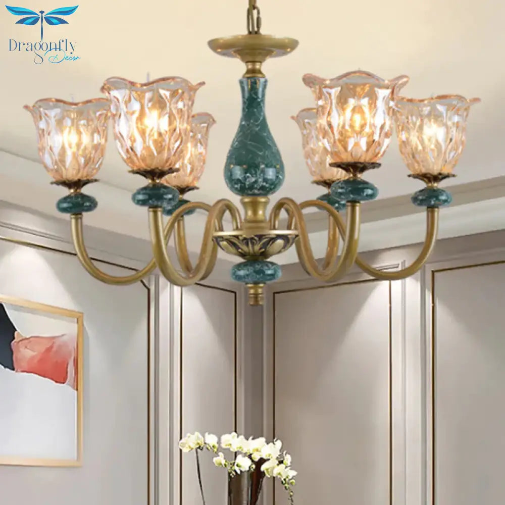Countryside Flower Pendant Chandelier 3/5/6 Heads Tan Glass Suspension Light In Brass With Ceramics