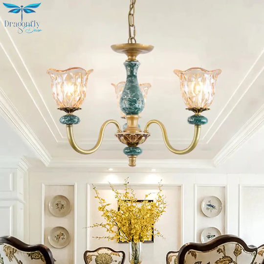 Countryside Flower Pendant Chandelier 3/5/6 Heads Tan Glass Suspension Light In Brass With Ceramics