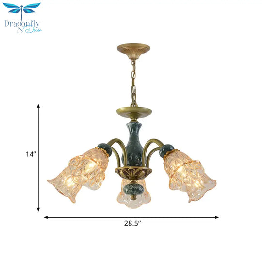 Countryside Flower Pendant Chandelier 3/5/6 Heads Tan Glass Suspension Light In Brass With Ceramics