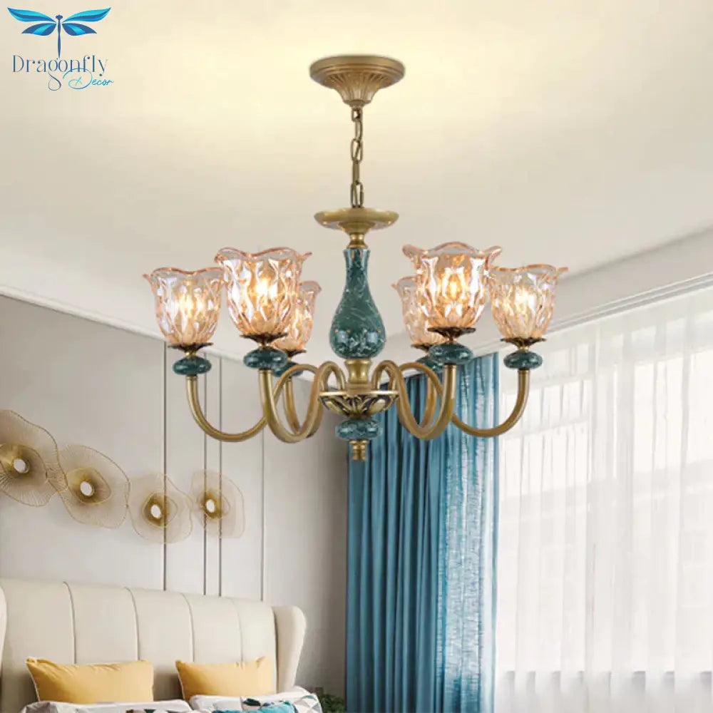 Countryside Flower Pendant Chandelier 3/5/6 Heads Tan Glass Suspension Light In Brass With Ceramics