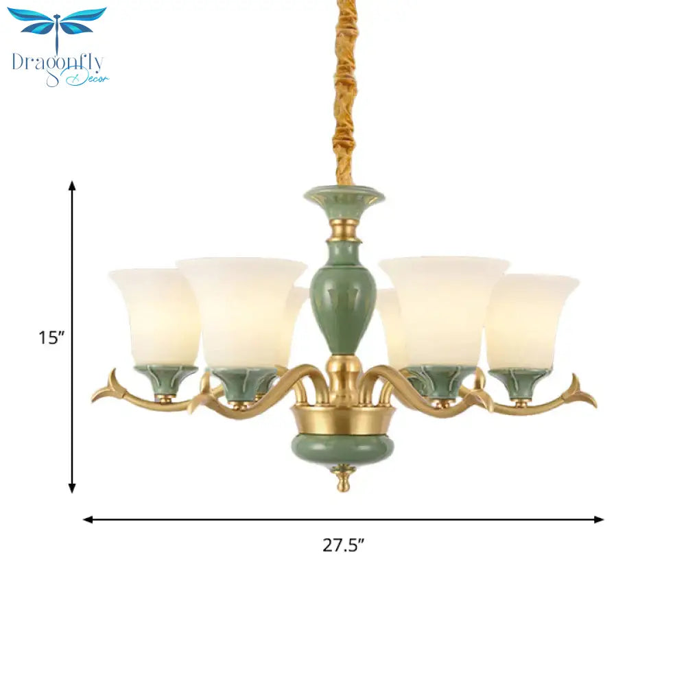 Countryside Green Bell Shaped Frosted Glass Suspension Light 3/6 Bulbs
