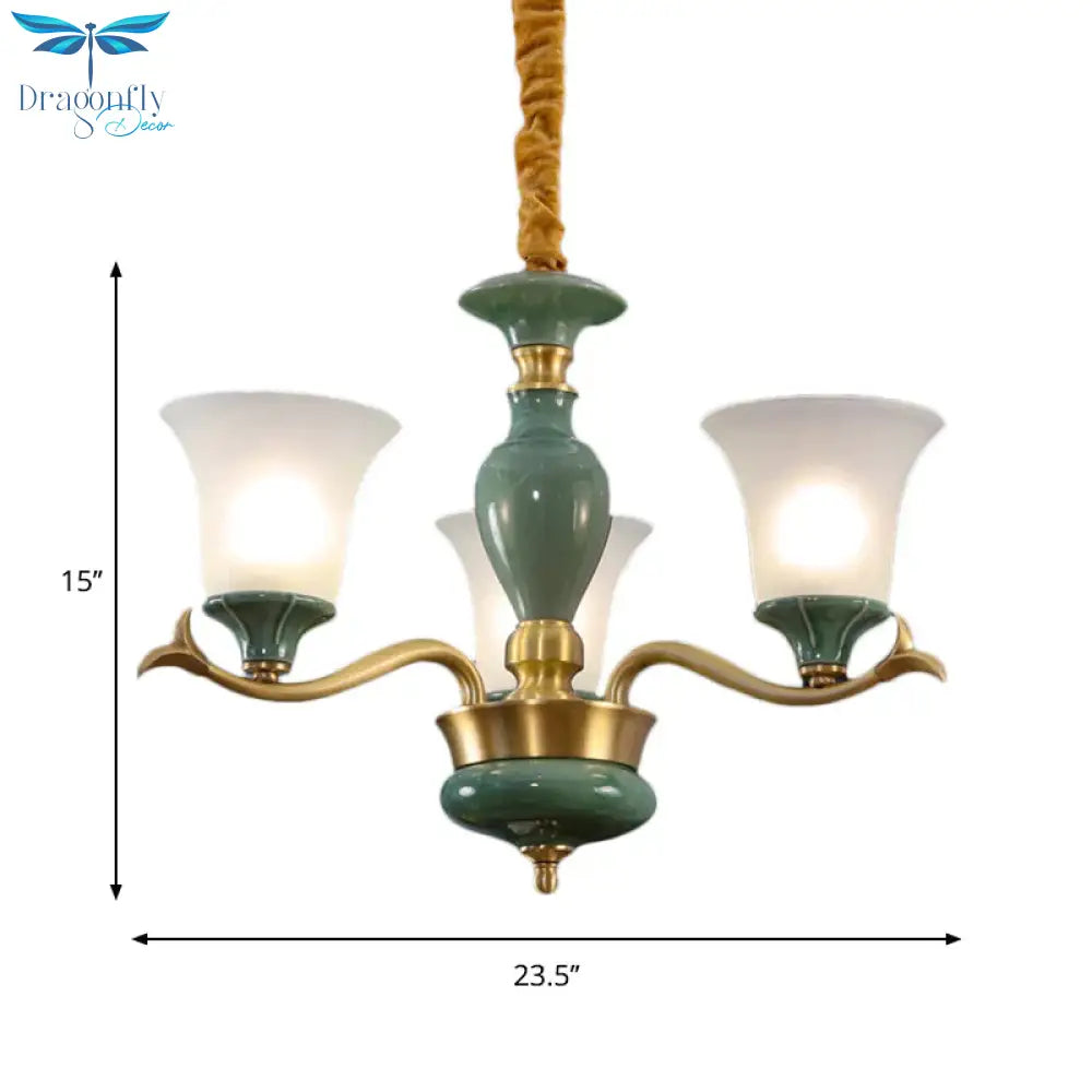 Countryside Green Bell Shaped Frosted Glass Suspension Light 3/6 Bulbs