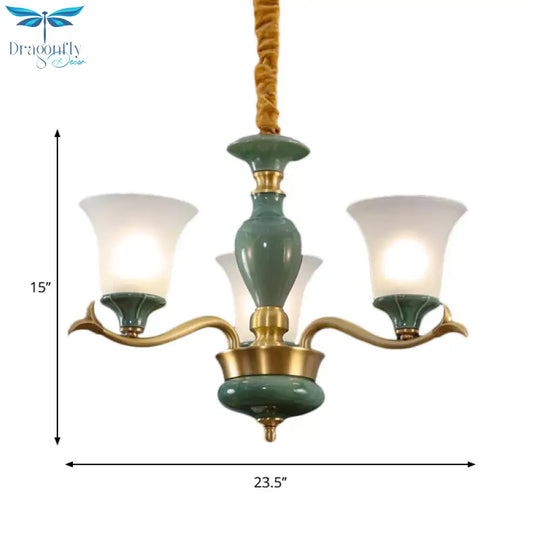 Countryside Green Bell Shaped Frosted Glass Suspension Light 3/6 Bulbs