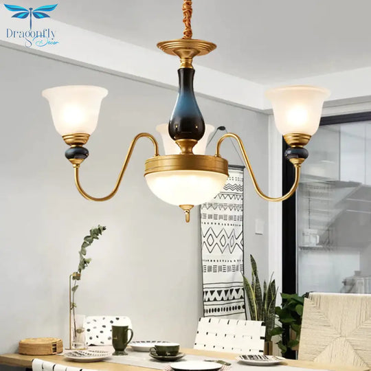 Countryside Style Brass Cream Glass Suspension Lamp In 3/5/6 Lights Floral Shade Pendant Chandelier