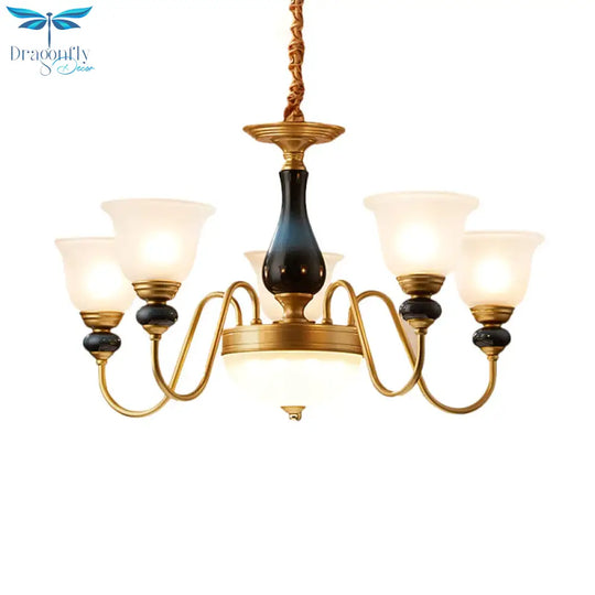 Countryside Style Brass Cream Glass Suspension Lamp In 3/5/6 Lights Floral Shade Pendant Chandelier