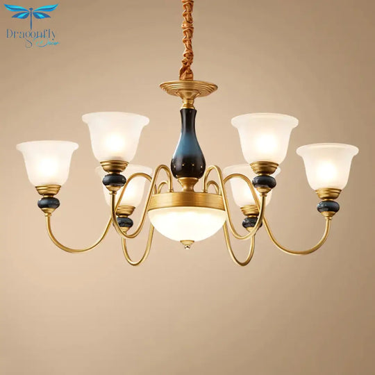 Countryside Style Brass Cream Glass Suspension Lamp In 3/5/6 Lights Floral Shade Pendant Chandelier