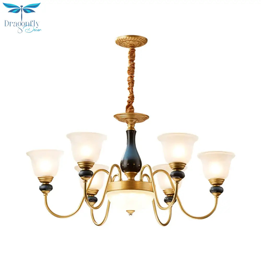 Countryside Style Brass Cream Glass Suspension Lamp In 3/5/6 Lights Floral Shade Pendant Chandelier