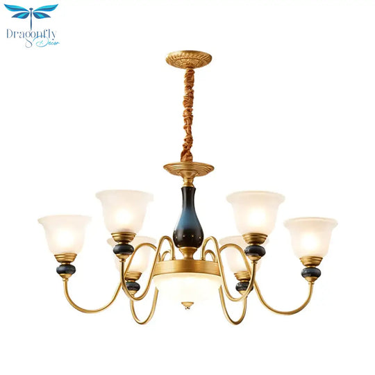 Countryside Style Brass Cream Glass Suspension Lamp In 3/5/6 Lights Floral Shade Pendant Chandelier