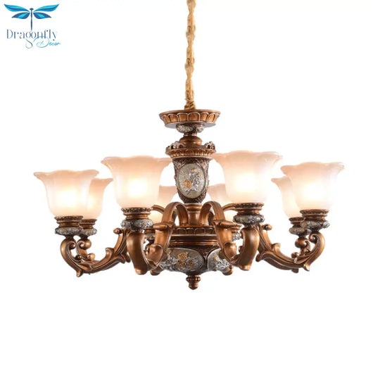 Cream Glass Brown Chandelier Lighting Fixture Floral Shade 6/8 - Light Antiqued Suspension Pendant