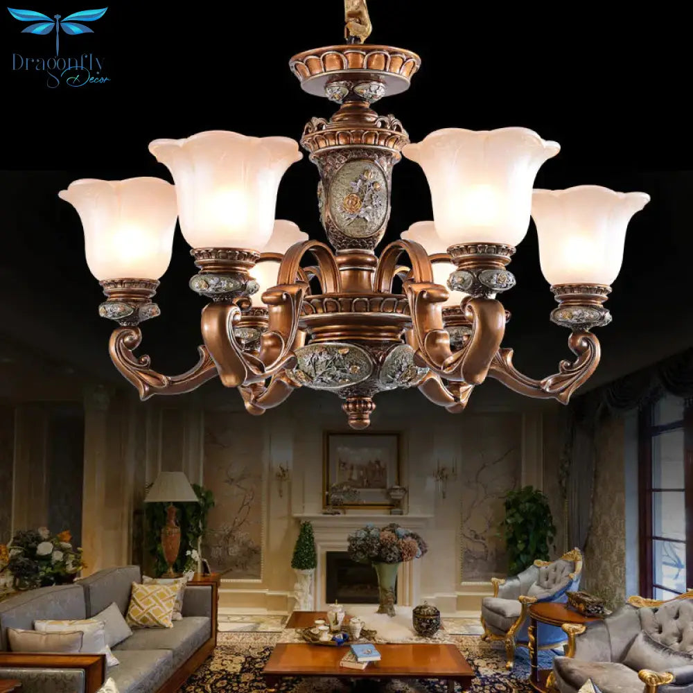 Cream Glass Brown Chandelier Lighting Fixture Floral Shade 6/8 - Light Antiqued Suspension Pendant