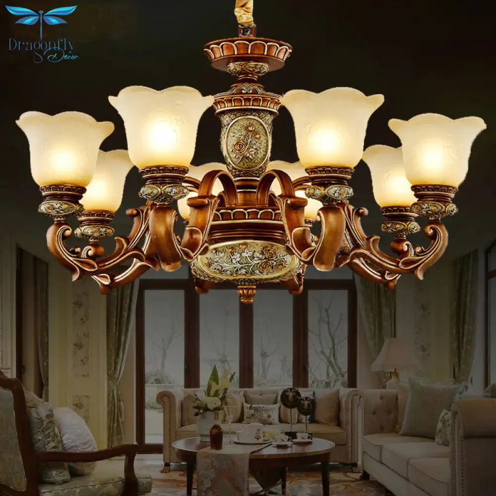 Cream Glass Brown Chandelier Lighting Fixture Floral Shade 6/8 - Light Antiqued Suspension Pendant