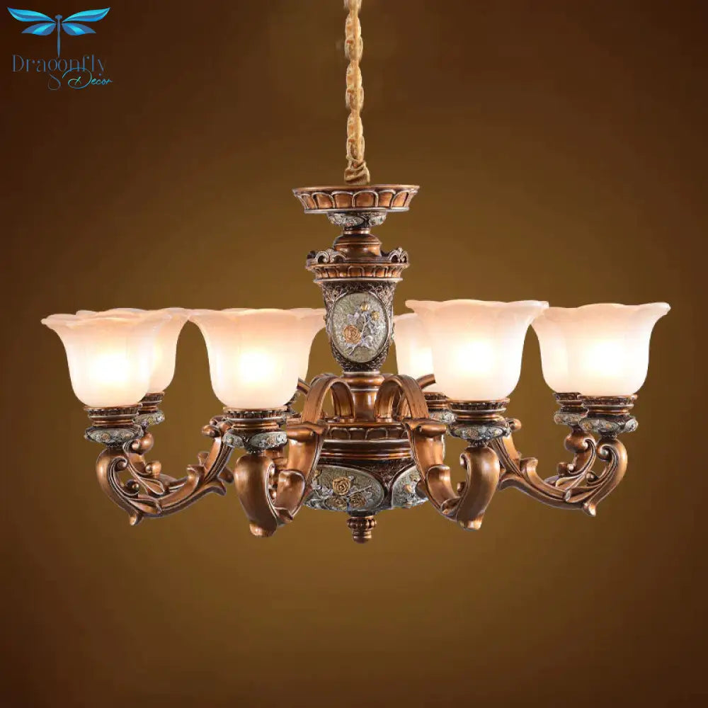 Cream Glass Brown Chandelier Lighting Fixture Floral Shade 6/8 - Light Antiqued Suspension Pendant