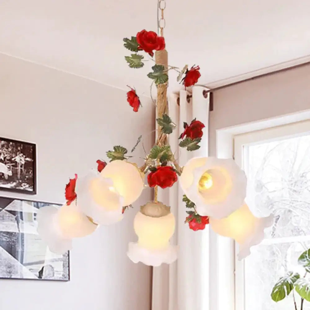 Cream Glass Coffee Drop Lamp Blossom 3/5 Bulbs Pastoral Pendant Chandelier For Dining Room 5 /