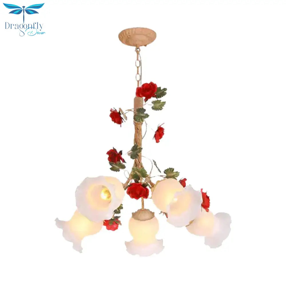 Cream Glass Coffee Drop Lamp Blossom 3/5 Bulbs Pastoral Pendant Chandelier For Dining Room