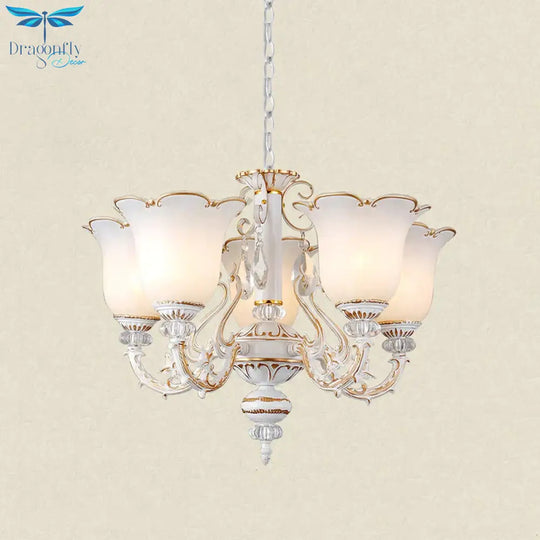 Cream Glass Floral Chandelier Light Traditional 3/5/6 Lights Bedroom Suspension Pendant In Beige