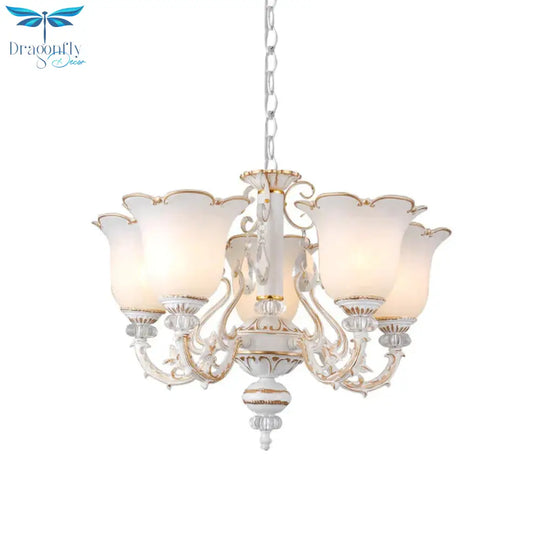 Cream Glass Floral Chandelier Light Traditional 3/5/6 Lights Bedroom Suspension Pendant In Beige