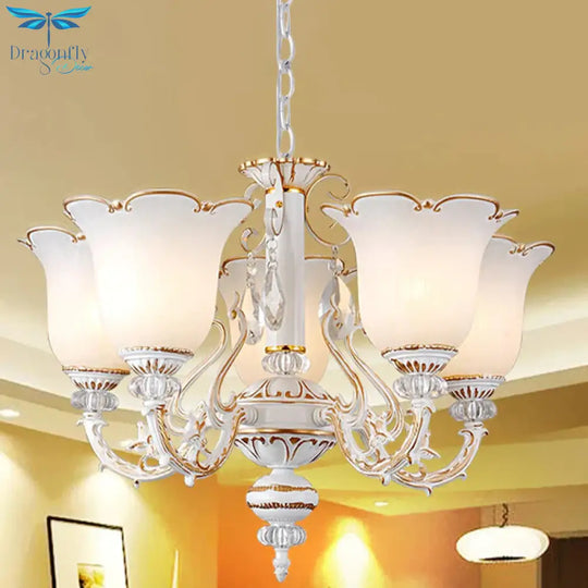Cream Glass Floral Chandelier Light Traditional 3/5/6 Lights Bedroom Suspension Pendant In Beige