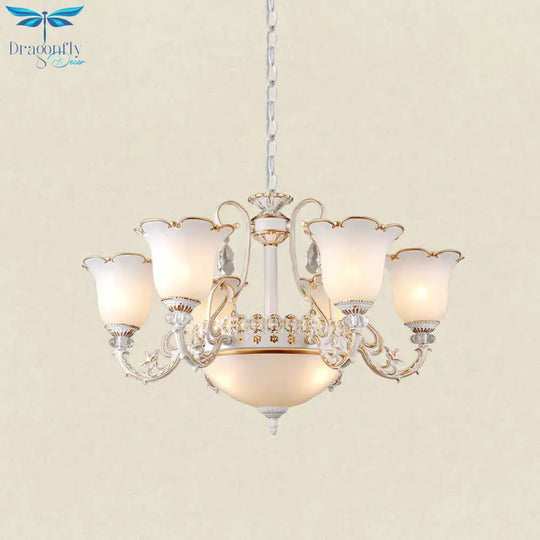 Cream Glass Floral Chandelier Light Traditional 3/5/6 Lights Bedroom Suspension Pendant In Beige