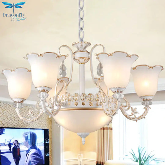 Cream Glass Floral Chandelier Light Traditional 3/5/6 Lights Bedroom Suspension Pendant In Beige